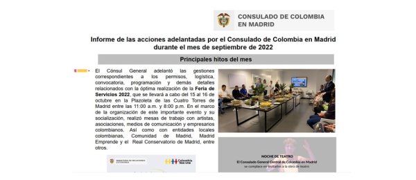 Informe de las acciones adelantadas por el Consulado de Colombia en Madrid durante el mes de septiembre de 2022