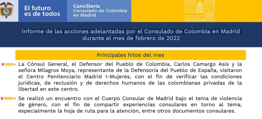 Informe de las acciones adelantadas por el Consulado de Colombia en Madrid durante el mes de febrero de 2022