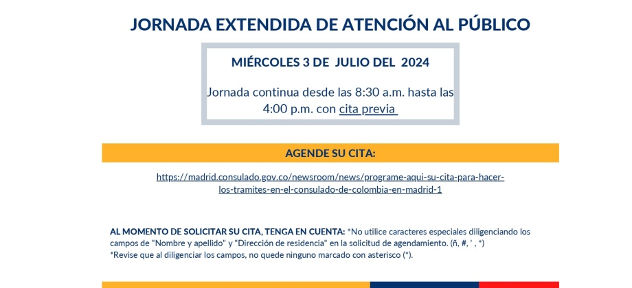 Consulado de Colombia en Madrid realizará una jornada extendida de atención al público, el 3 de julio de 2024