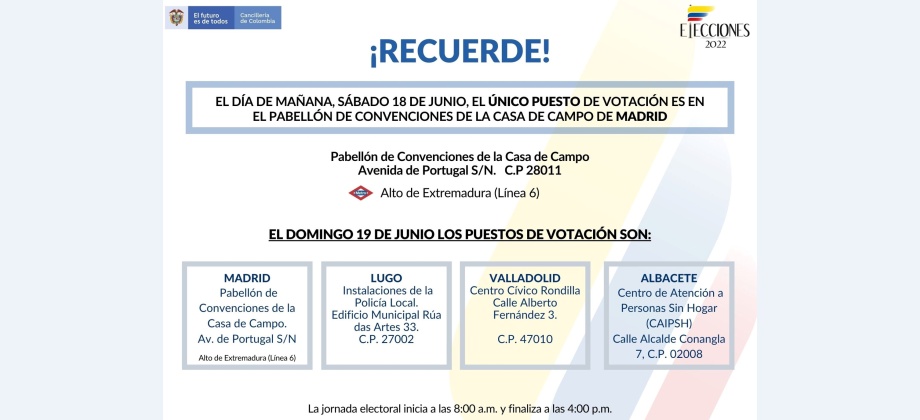  El Consulado en Madrid recuerda los puestos de votación habilitados el sábado 18 y domingo 19 de junio de 2022