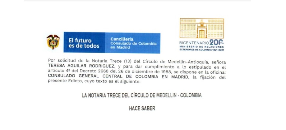 Edicto publicado por el Consulado de Colombia en Madrid