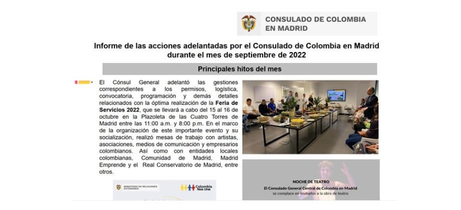Informe de las acciones adelantadas por el Consulado de Colombia en Madrid durante el mes de septiembre de 2022
