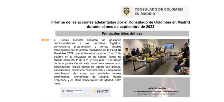 Informe de las acciones adelantadas por el Consulado de Colombia en Madrid durante el mes de septiembre de 2022