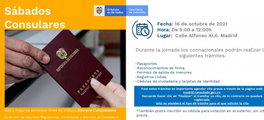 Jornada de Sábado Consular este 16 de octubre en el Consulado de Colombia en Madrid