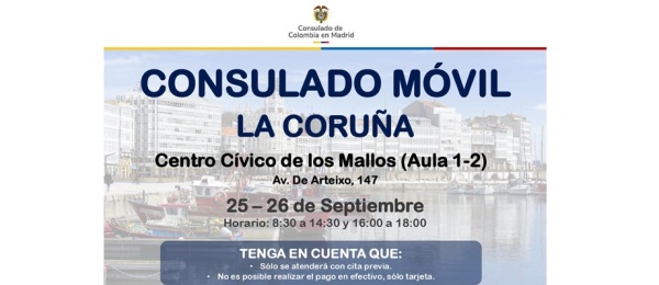 Imagen con información del Consulado Móvil el 25 y 26 de septiembre de 2024 en La Coruña
