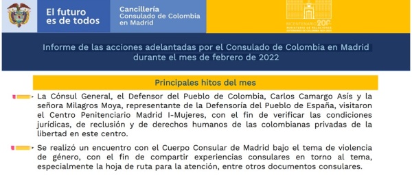 Informe de las acciones adelantadas por el Consulado de Colombia en Madrid durante el mes de febrero de 2022