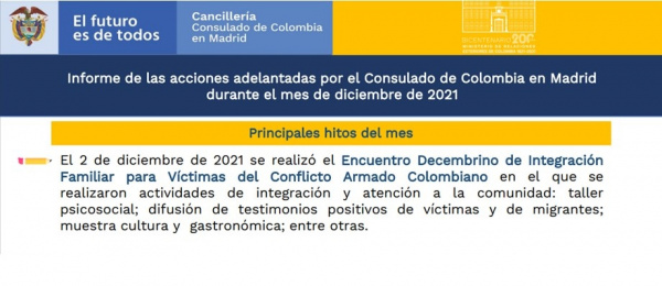 Informe de las acciones adelantadas por el Consulado de Colombia en Madrid durante el mes de diciembre de 2021