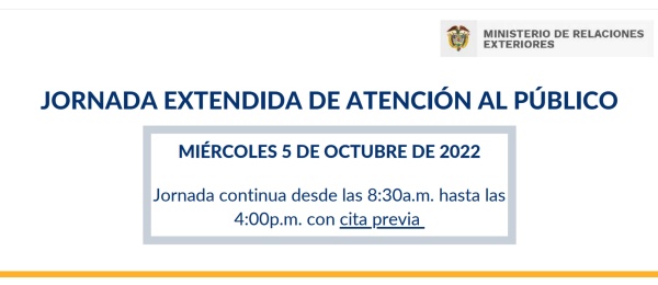 El Consulado de Colombia en Madrid realizará una jornada extendida de atención al público el 5 de octubre de 2022