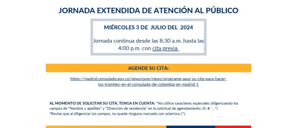 Consulado de Colombia en Madrid realizará una jornada extendida de atención al público, el 3 de julio de 2024