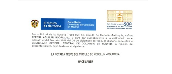 Edicto publicado por el Consulado de Colombia en Madrid