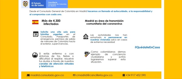 Ante el COVID-19, el Consulado de Colombia en Madrid invita a los connacionales al autocuidado, a la responsabilidad y al compromiso con cada uno 